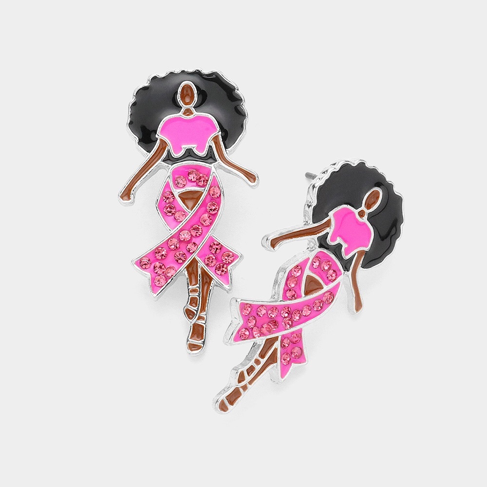 Afro Breast Cancer Awareness Pink Ribbon Statement Earrings